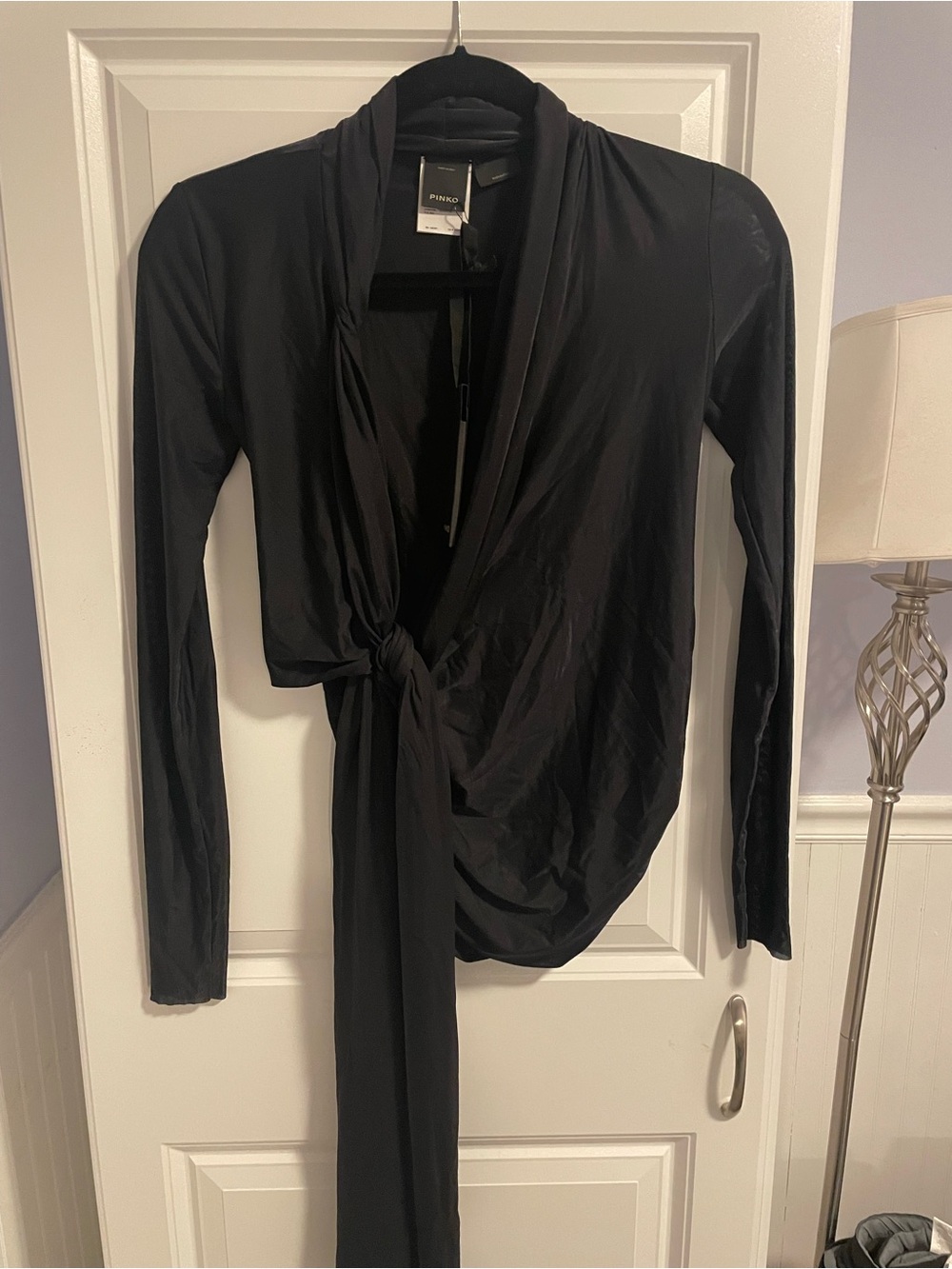 PINKO Black Pucca Tie Front Draped Top XS NWT Made Italy